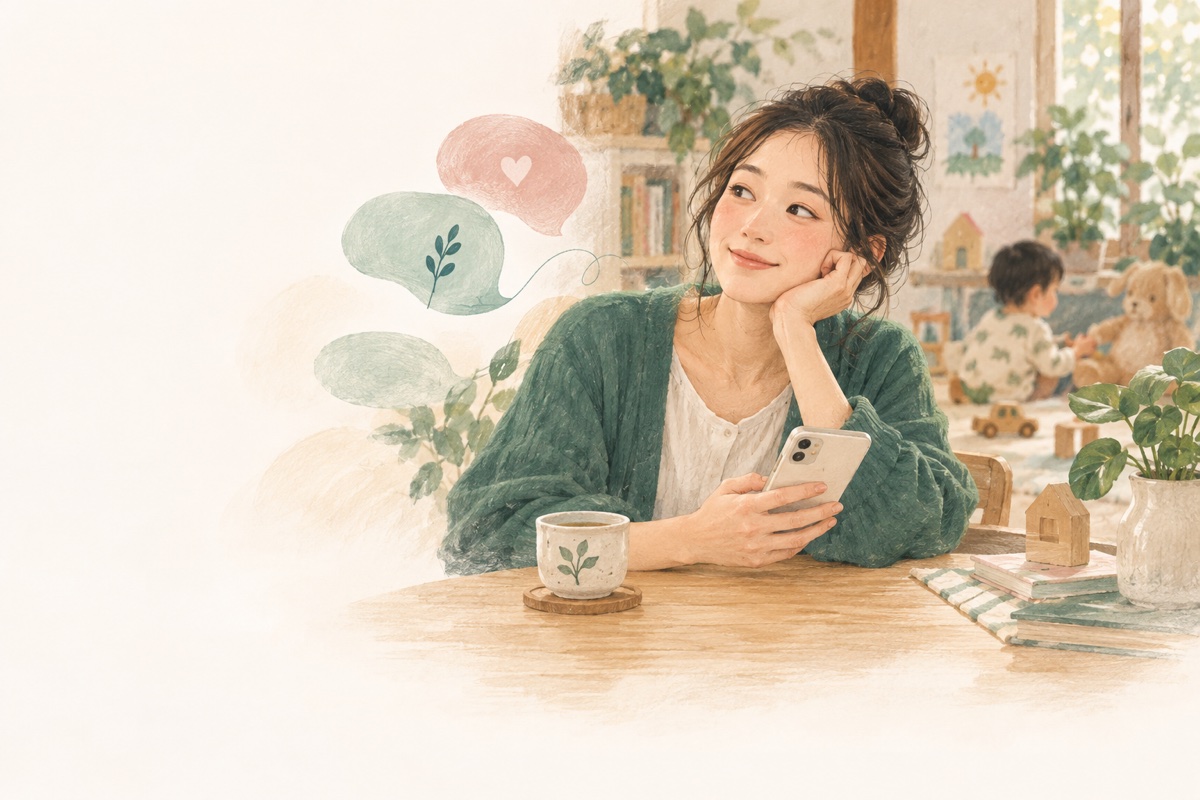 App 品牌插畫:家長在孩子玩耍的空間中,用手機整理育兒問題